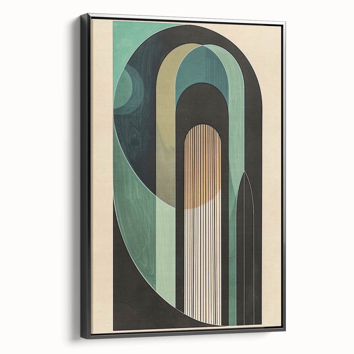 Framed minimalist wall art design in black, showcasing abstract patterns with a sleek side profile, perfect for modern home decor and aesthetic enhancement.