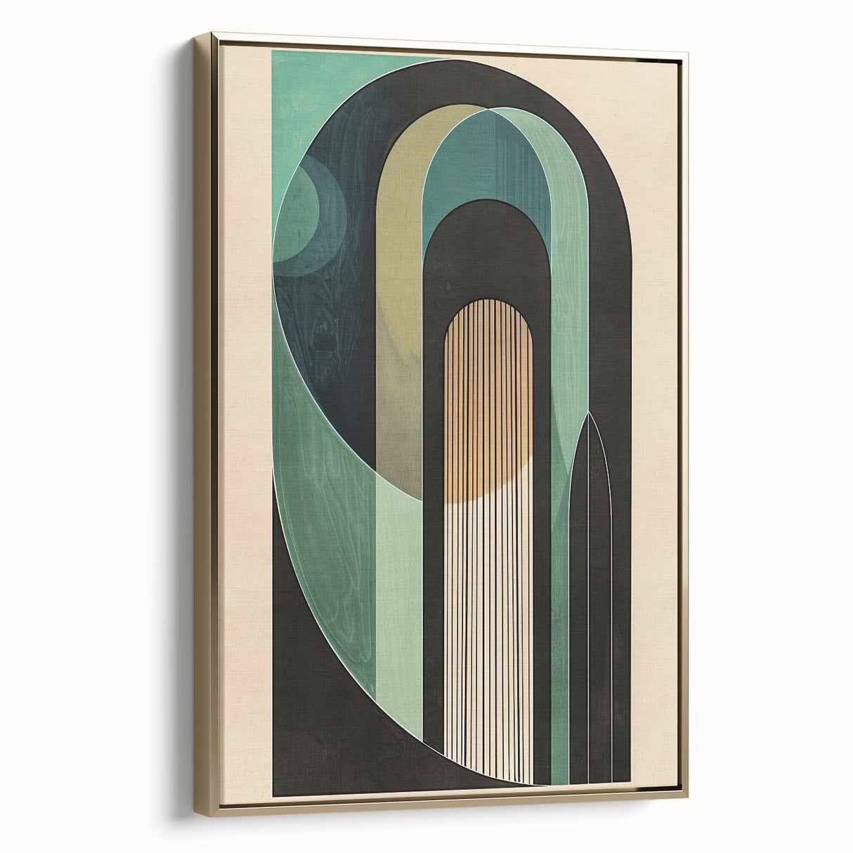 Framed canvas wall art featuring an abstract minimalist design with gold accents, showcasing a sleek side view that enhances modern home decor aesthetics. Ideal for adding a touch of elegance to living spaces.
