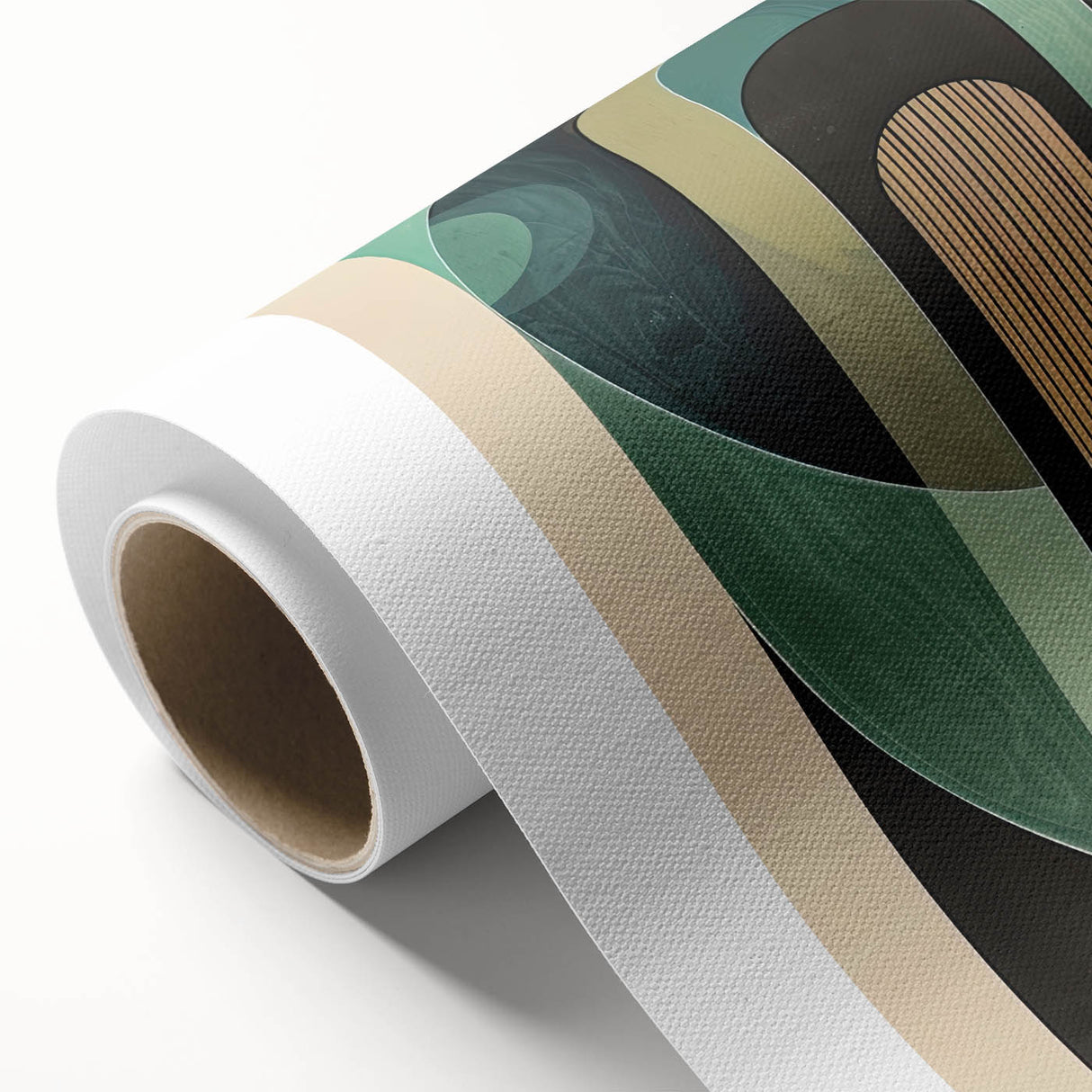 Abstract minimalist wall art print on rolled canvas, featuring fluid shapes in soft pastel colors, perfect for contemporary home decor, presented in a protective tube.