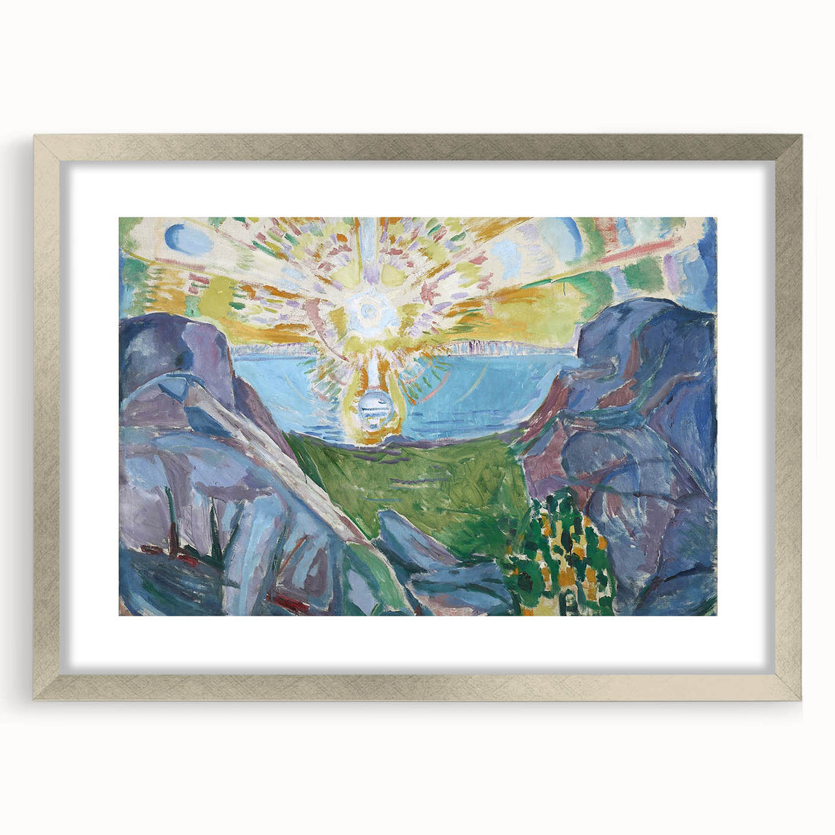 Expressionist Art: Radiant Sunburst with Abstract Mountain Landscape
