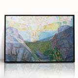Expressionist Art: Radiant Sunburst with Abstract Mountain Landscape