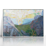 Expressionist Art: Radiant Sunburst with Abstract Mountain Landscape