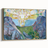Expressionist Art: Radiant Sunburst with Abstract Mountain Landscape