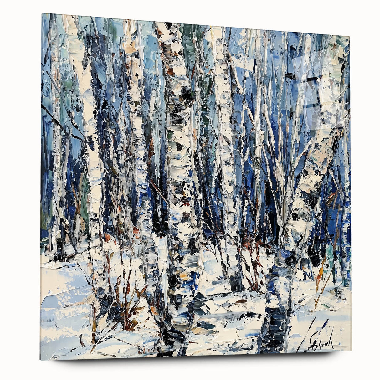 Abstract floral acrylic art piece displayed from a side view, showcasing vibrant colors and intricate details on glass, ideal for modern decor.