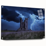 Acrylic glass landscape artwork depicting a stunning castle view, elegantly displayed from the side with decorative pins for a contemporary finish.