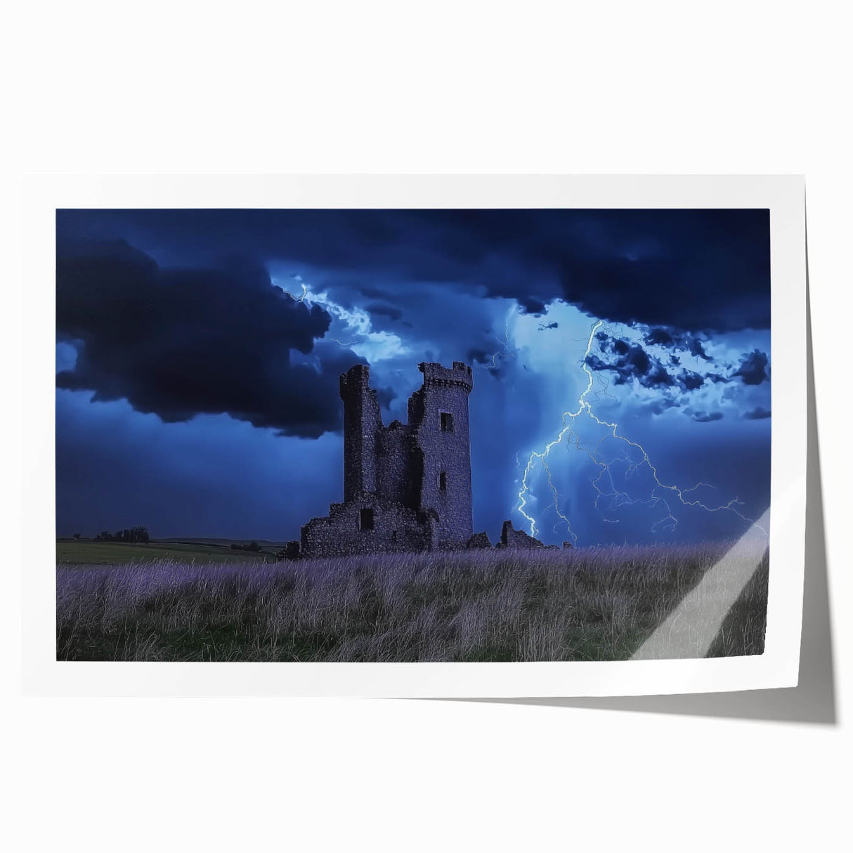 Stunning rolled print showcasing a picturesque landscape with a majestic castle set against vibrant blue skies and green hills, perfect for home decor.
