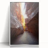 Framed acrylic artwork depicting a vibrant landscape with caves, featuring a white frame and sleek front view, ideal for modern home decor.
