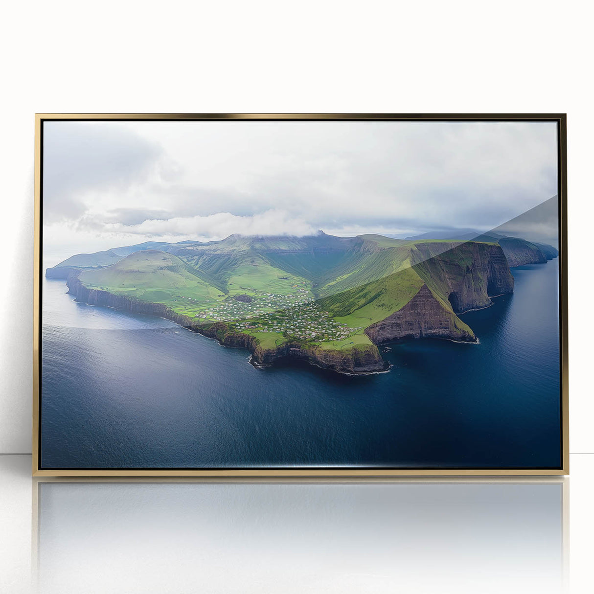 Framed acrylic artwork showcasing a stunning landscape of cliffs at sunset, featuring rich gold accents and a modern design, perfect for home decor.
