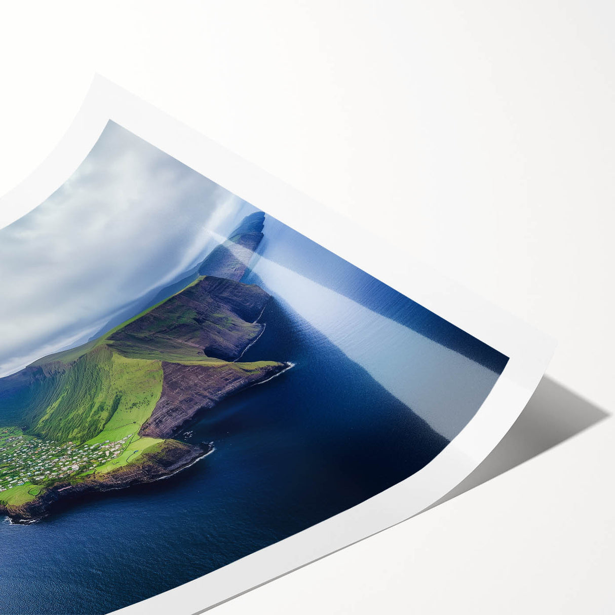 Stunning rolled print of dramatic cliffs in a serene landscape, showcasing vibrant colors and intricate details, perfect for home decor or office art.