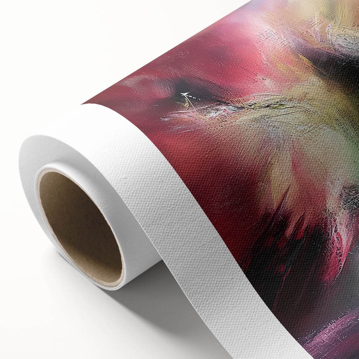 Abstract splatter art canvas featuring vibrant colors of blue, yellow, and red, perfect for modern home decor, rolled securely in a protective tube. Ideal for adding a dynamic touch to living spaces.