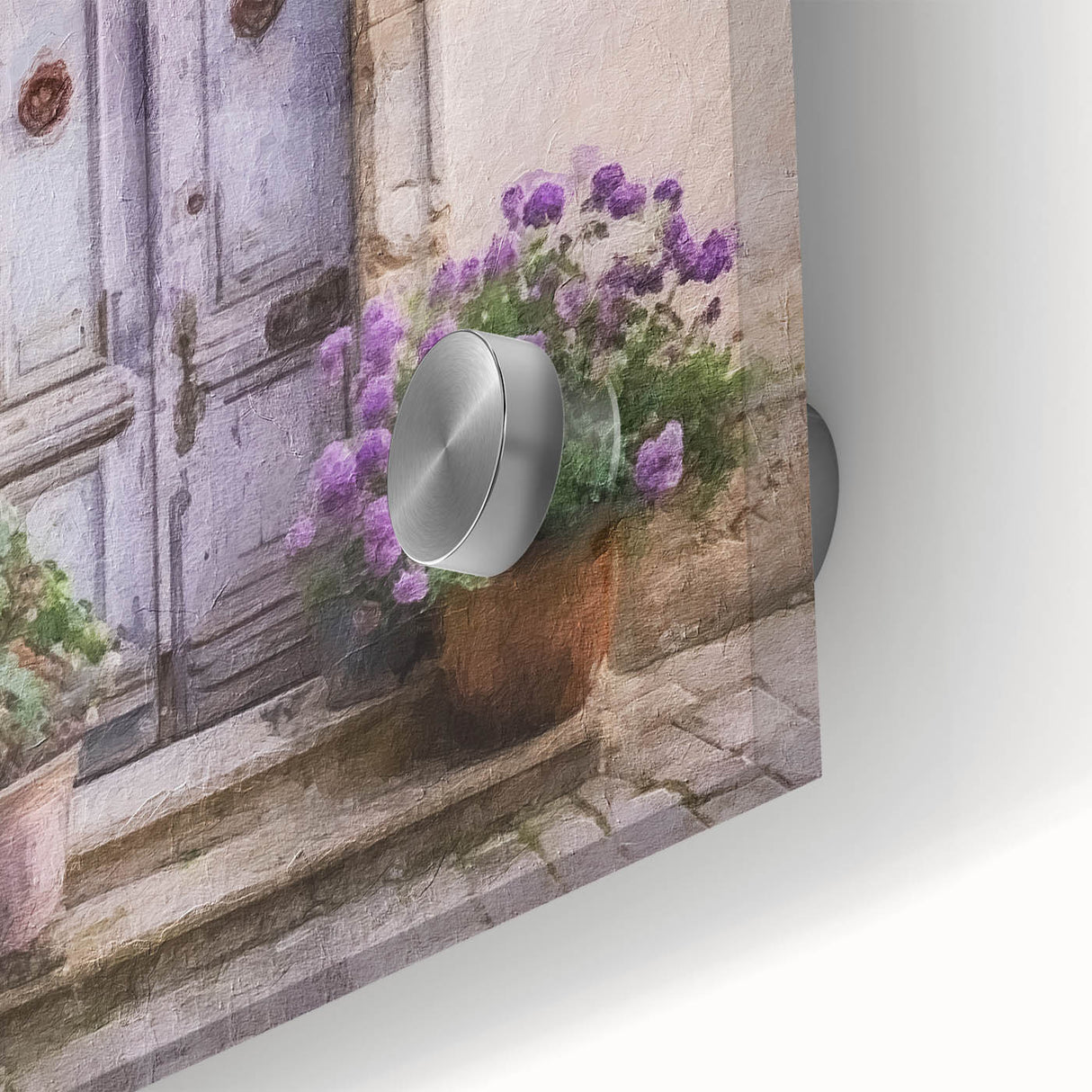 Mid-century modernist acrylic print featuring a close-up of a French door design in muted earth tones.