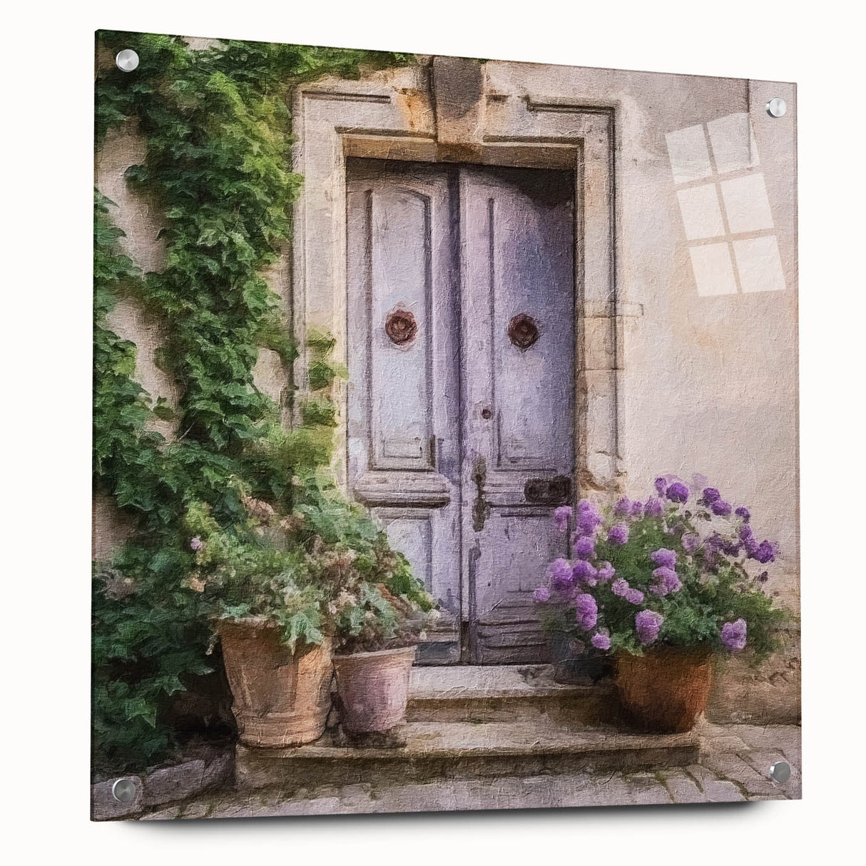 Acrylic print of a large abstract door design in gray and white, suitable for bedroom or dining room decor.