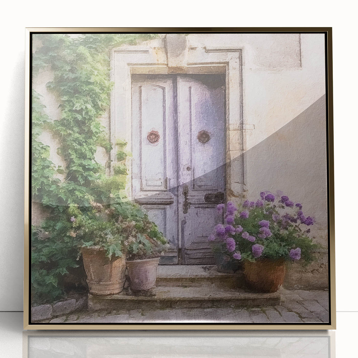 Mid-century modernist framed acrylic print of a French door, in gold tones, suitable for nursery wall art.
