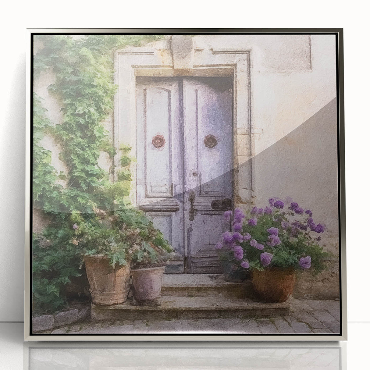 Mid-century modernist art depicting a French door design in silver tones on a framed acrylic print.