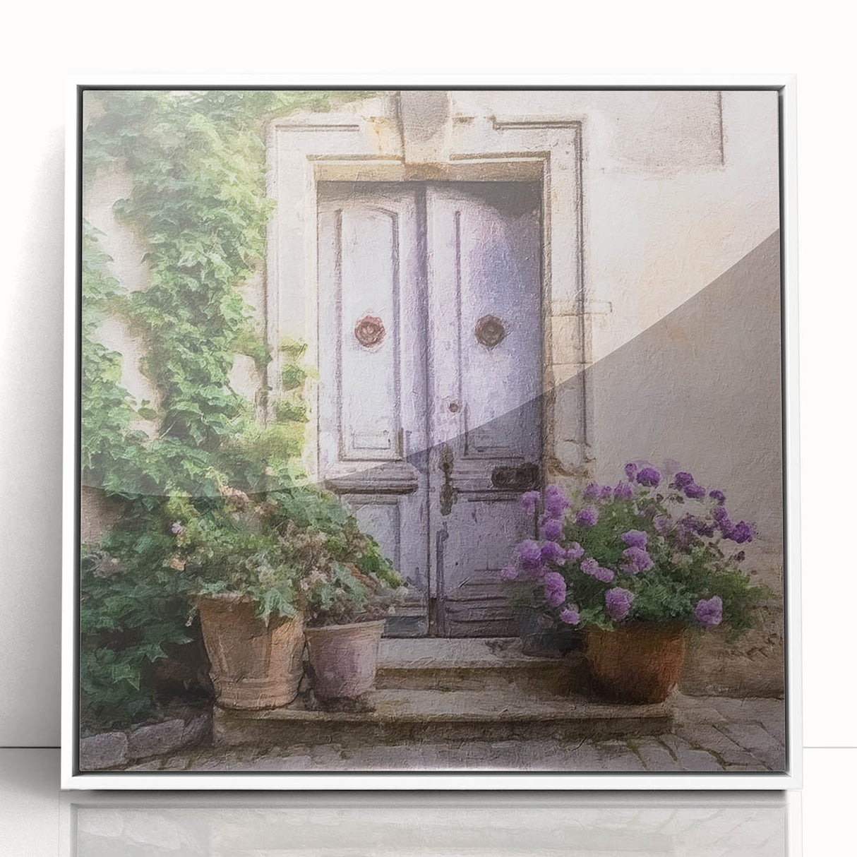 Art deco poster of a French door architecture in muted gray and white tones, acrylic framed.