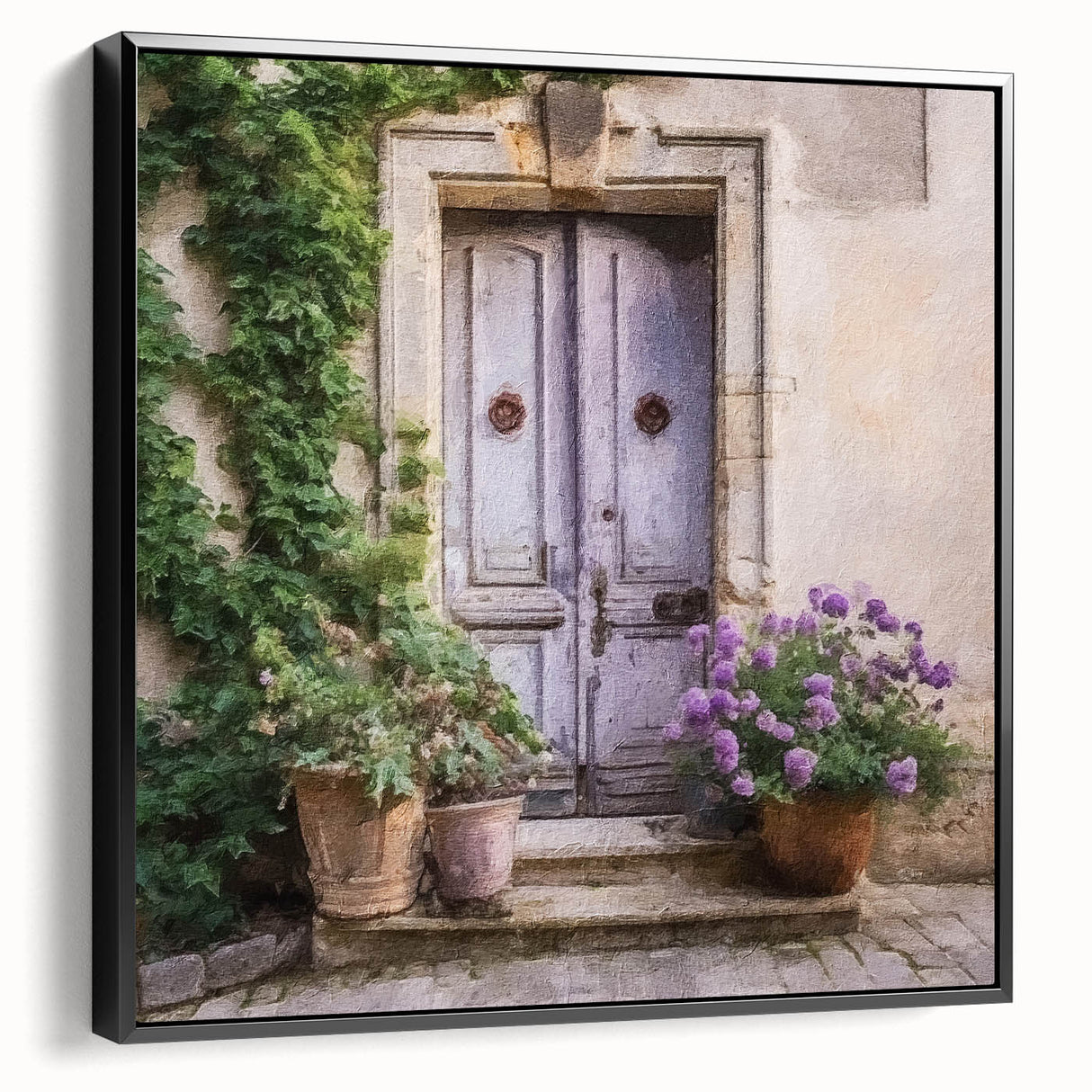 Black and white framed canvas of a vintage-style door, ideal for bedroom wall art.