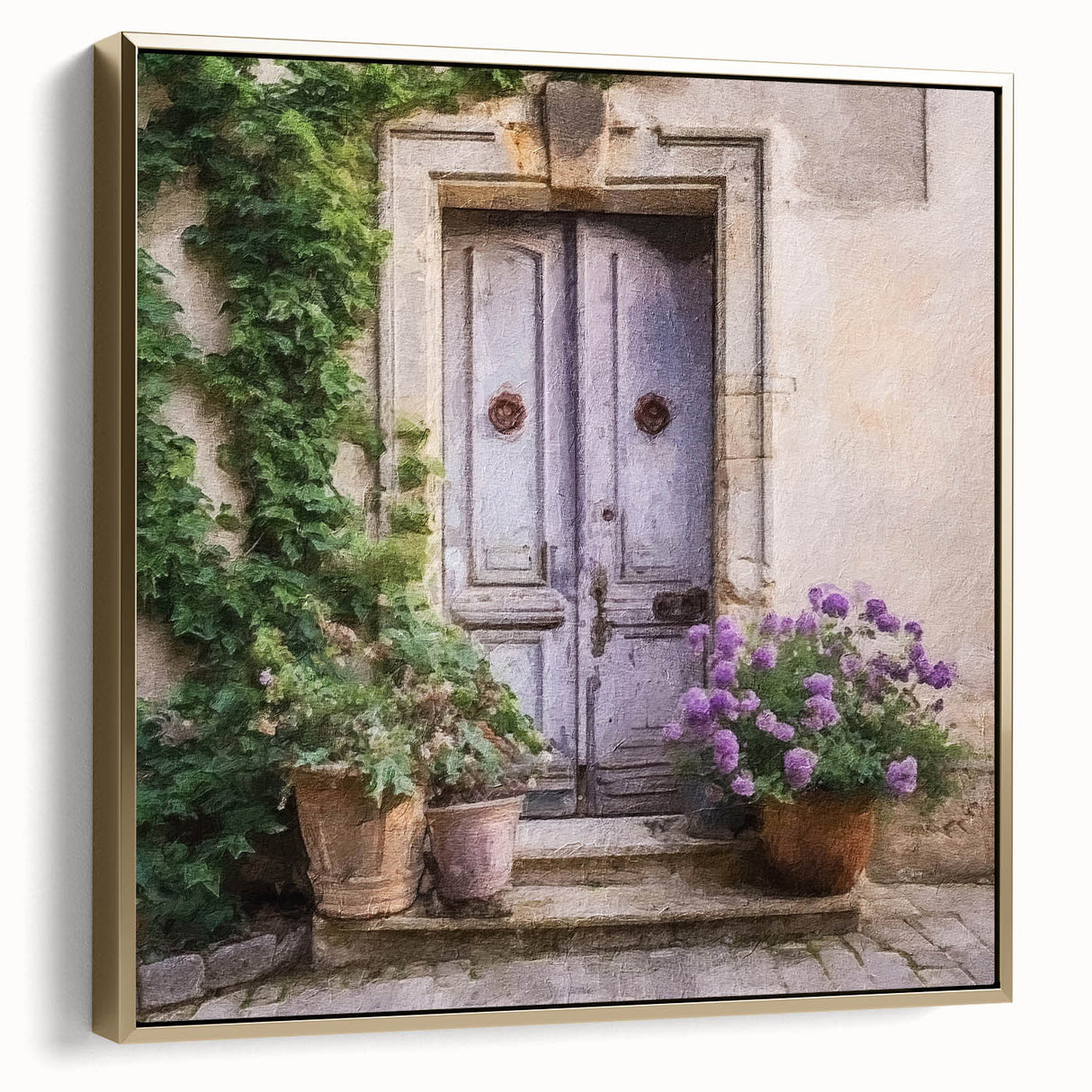 Framed canvas of a vintage poster featuring a black and gold landscape painting, ideal for bedroom wall decor.