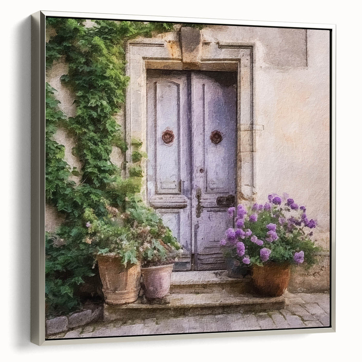 Framed canvas featuring a vintage poster of a French door in black with colorful landscape art paintings.