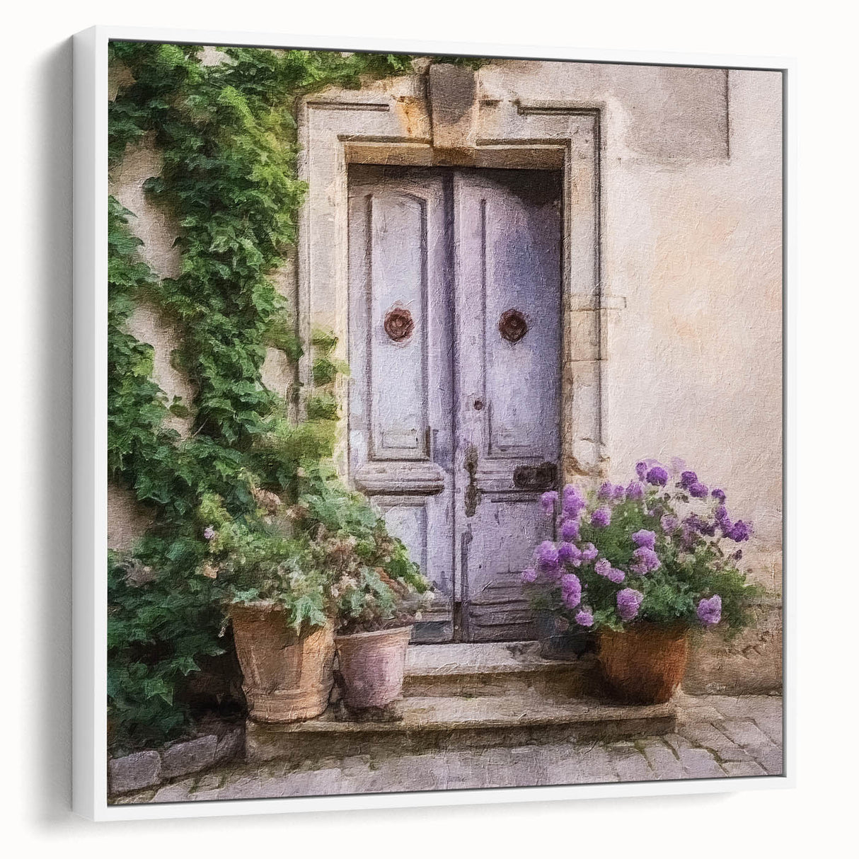 Vintage poster art of a French door, framed canvas in black and white with colorful accents, ideal for living room decor.