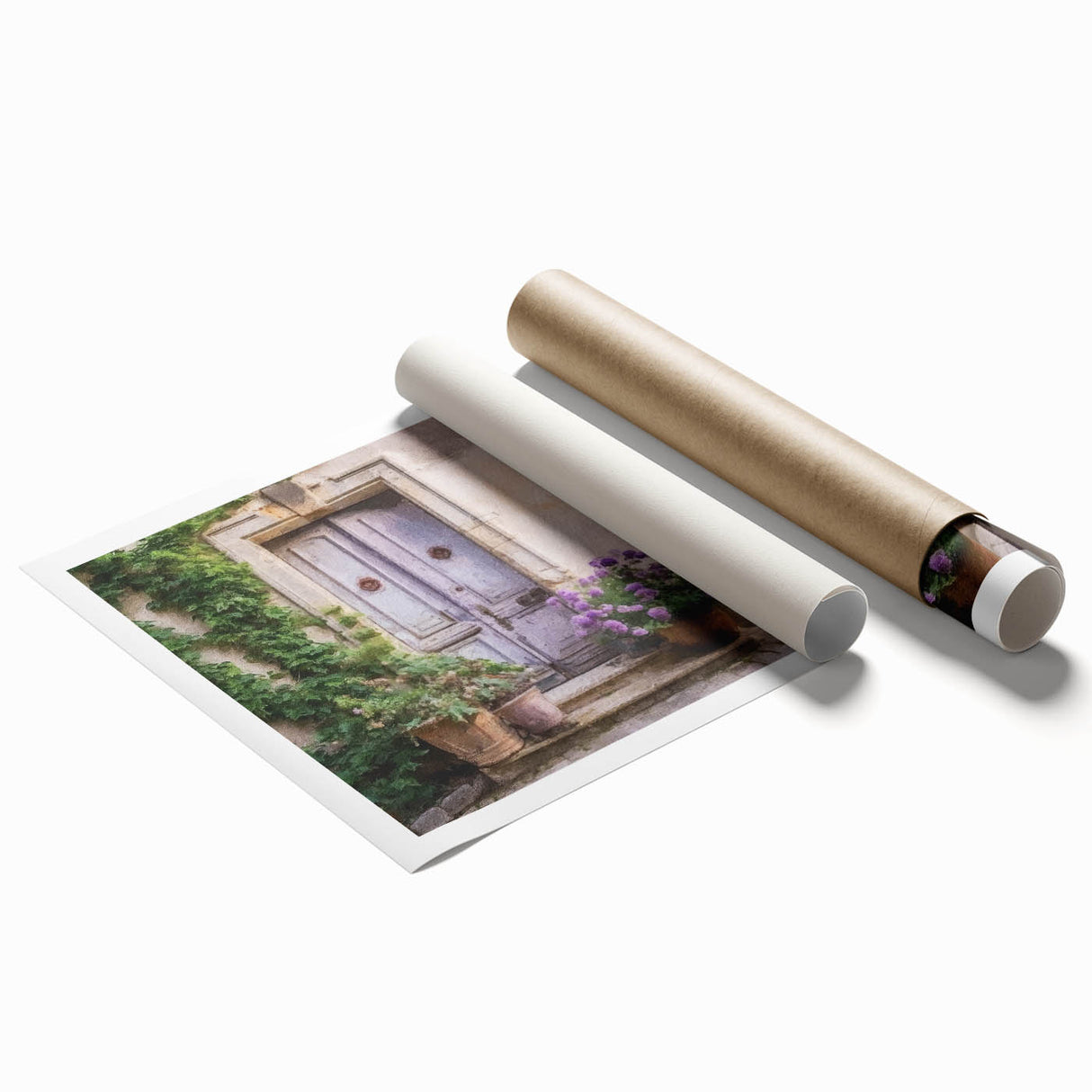 Extra large rolled print featuring a floral design on a French door, in muted pastel shades.