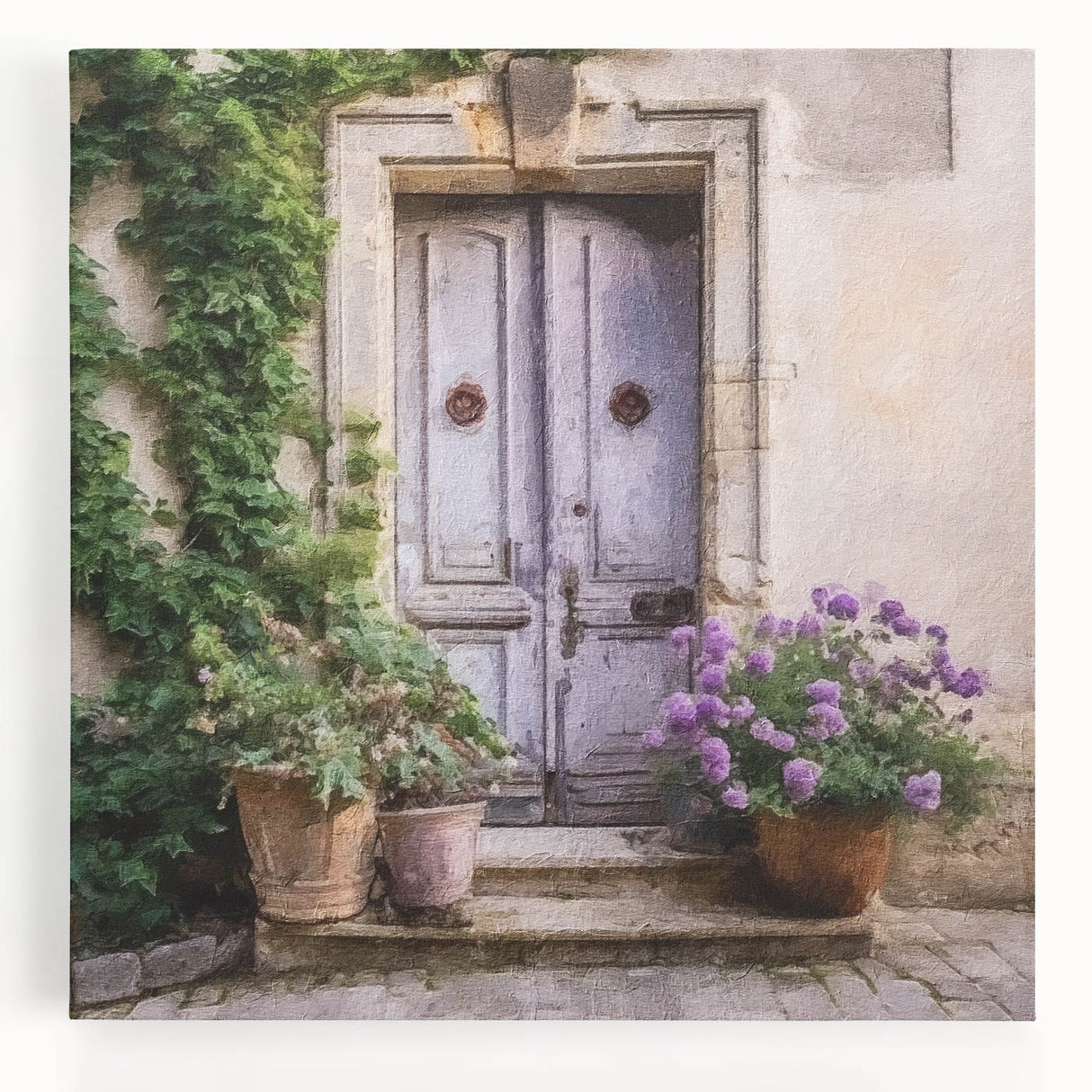 Black and white photograph of a French door design on stretched canvas, ideal for kitchen art.