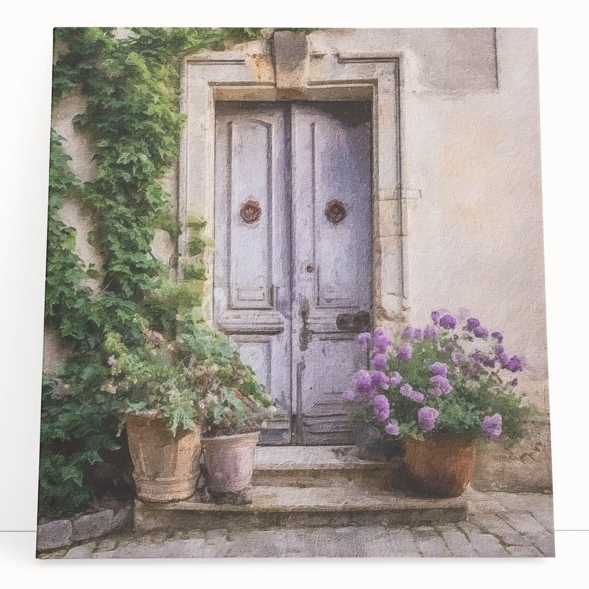 Black and white photo of a detailed French door design on stretched canvas, ideal for kitchen wall art.