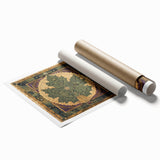 Rolled botanical wall art print showcasing vibrant flowers and green leaves on a textured background, elegantly packaged in a protective cardboard tube for shipping.