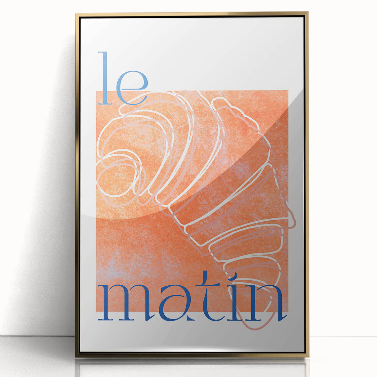 Large art print of a mid-century modernist food and drinks theme in gold and brown tones, framed acrylic.