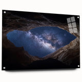 Acrylic landscape art print showcasing vibrant canyons in rich earth tones, displayed in a modern frame with stylish pins, perfect for home decor.
