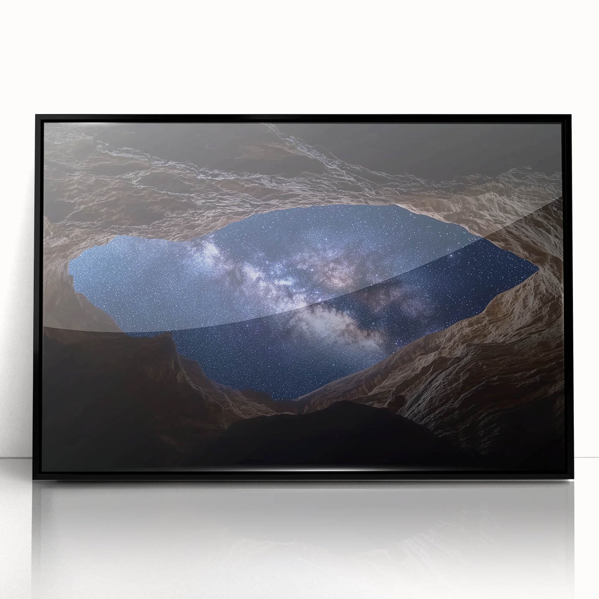 Framed acrylic landscape artwork showcasing vibrant canyons, featuring bold colors and intricate details, set in a sleek black frame to enhance any decor.