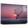 Acrylic glass side view of a vibrant landscape field design, showcasing lush green fields and blue skies, secured with stylish pins for display. Perfect for home decor.