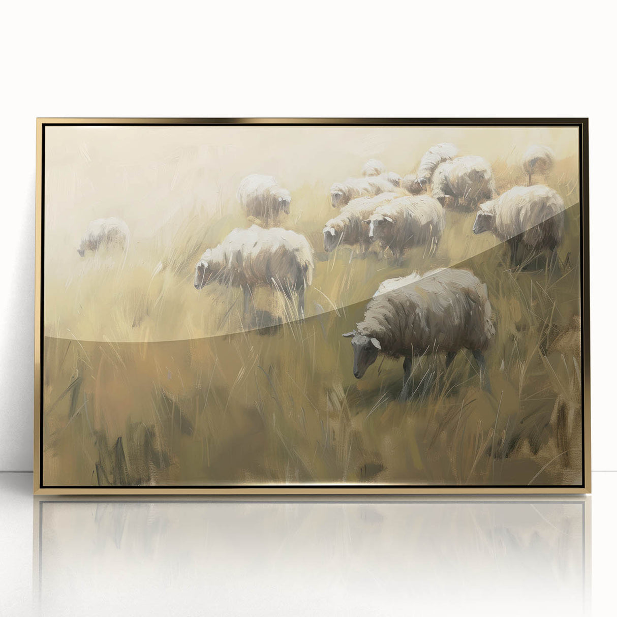 Framed acrylic artwork titled "Design 32 Landscapes" showcases vibrant gold accents and intricate landscape details, perfect for modern home decor.