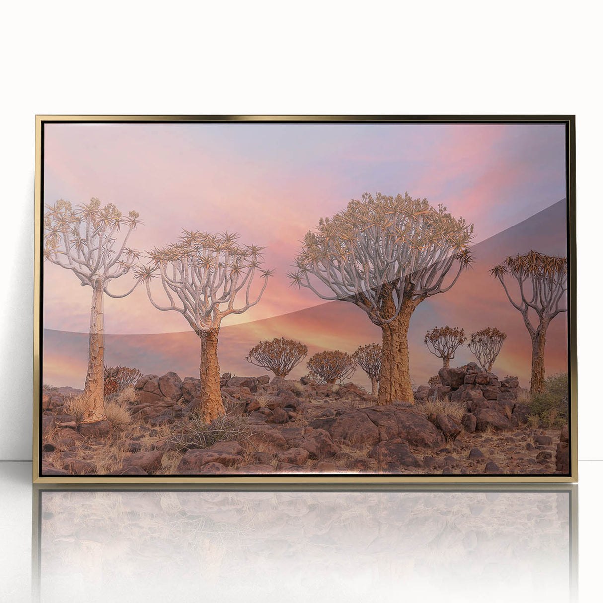 Mid-century modernist art of Namibia's scenery in gold-framed acrylic, featuring earthy tones, ideal for nursery wall art.