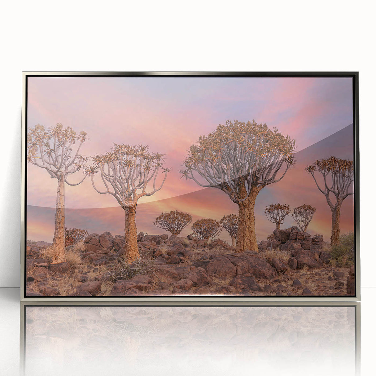 Acrylic print of a Namibian landscape in muted earth tones, framed in silver, suitable for modern art wall decor.