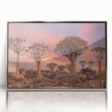 Acrylic print of a Namibian landscape in muted earth tones, framed in silver, suitable for modern art wall decor.