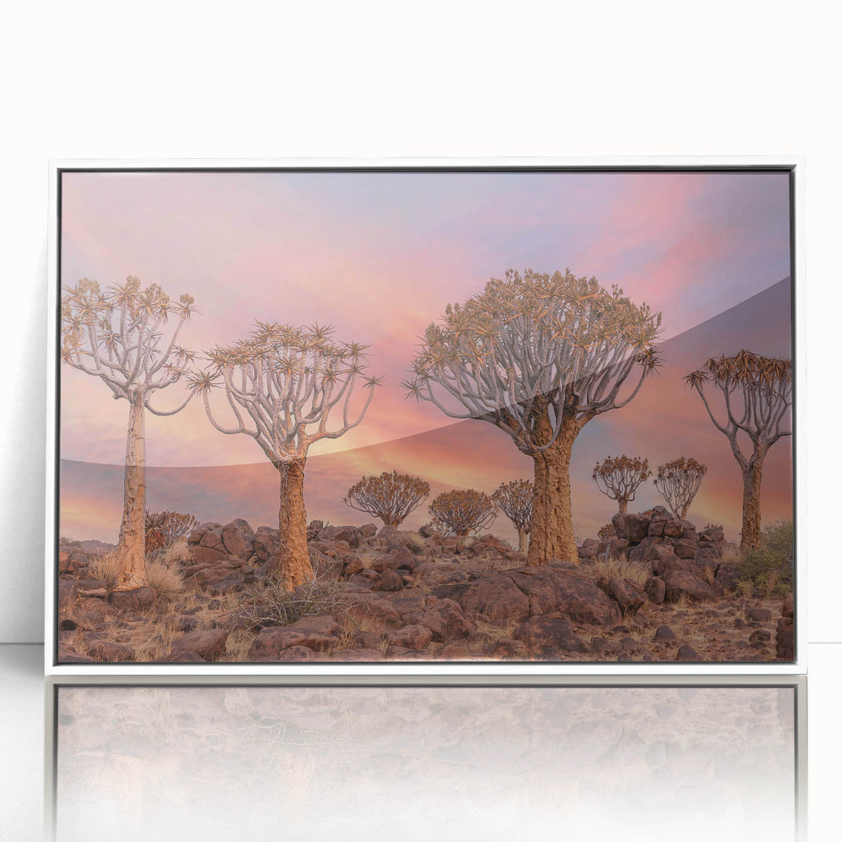 Acrylic print of a Namibian landscape, featuring a white frame, ideal for modern art wall decor in a nursery.