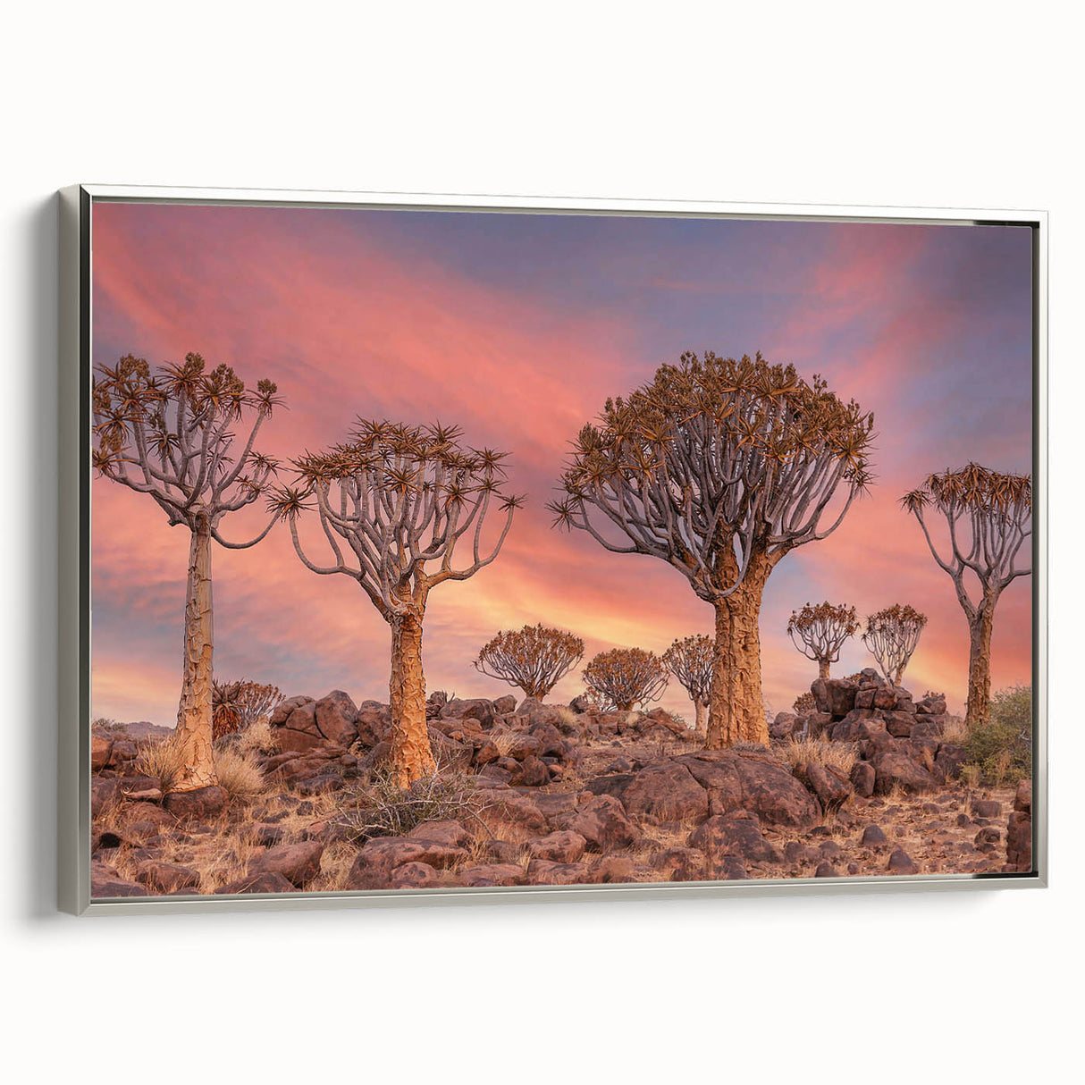 Vintage poster art of a Namibian landscape on extra large framed canvas, featuring black and colorful tones.