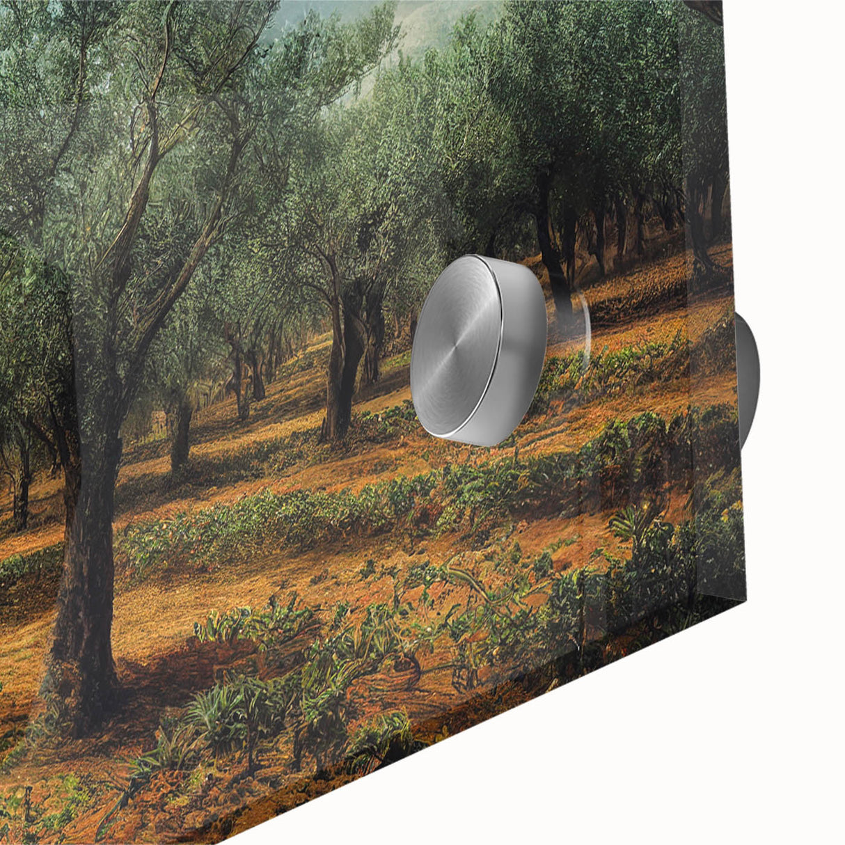 Large abstract wall art featuring a mid-century modernist design of an Albanian landscape in muted earth tones on acrylic…
