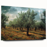 Large abstract wall art featuring a scenic European landscape on acrylic glass, ideal for bedroom or dining room decor.