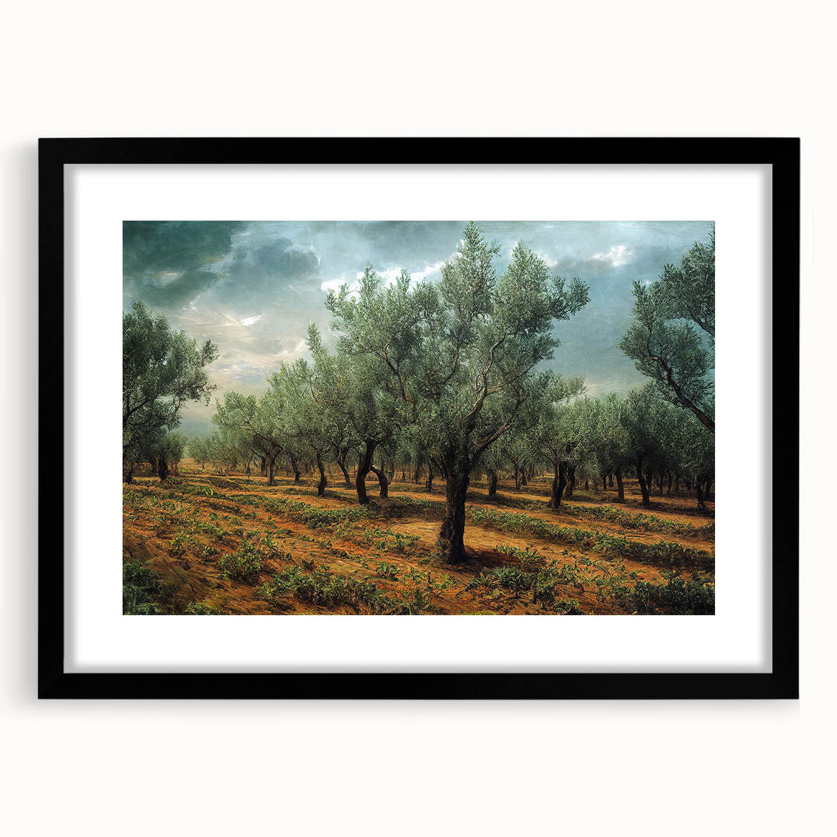Extra large abstract art print featuring vibrant, colorful scenery of Albania, textured on a black framed canvas.
