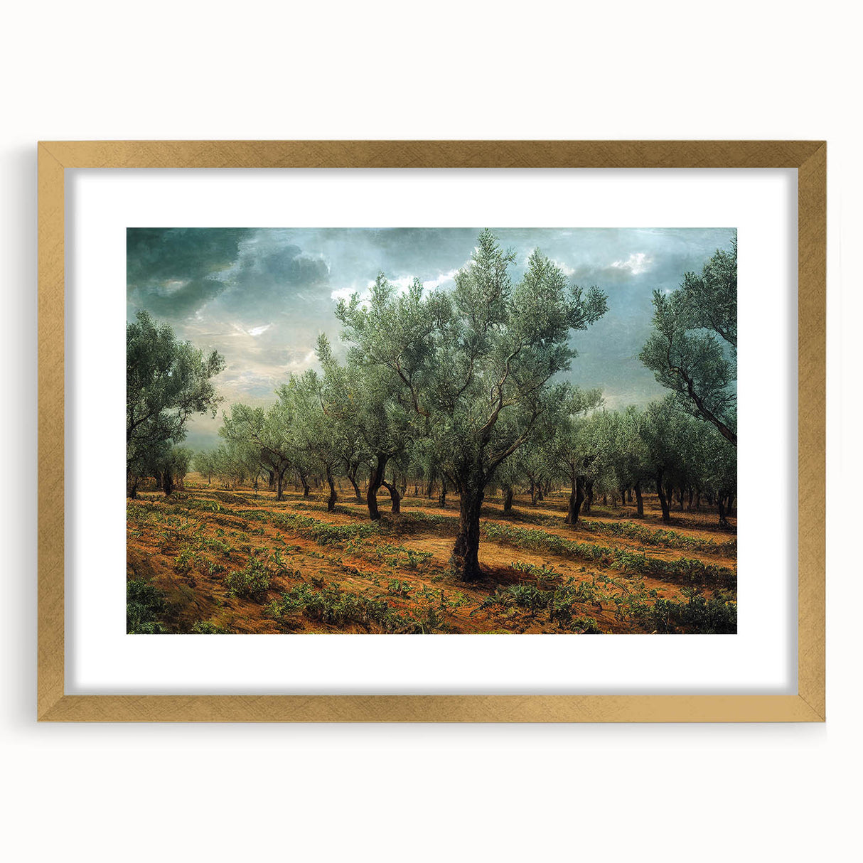 Abstract art print of an Albanian landscape in muted gold and green tones on a framed canvas, suitable for dining room decor.