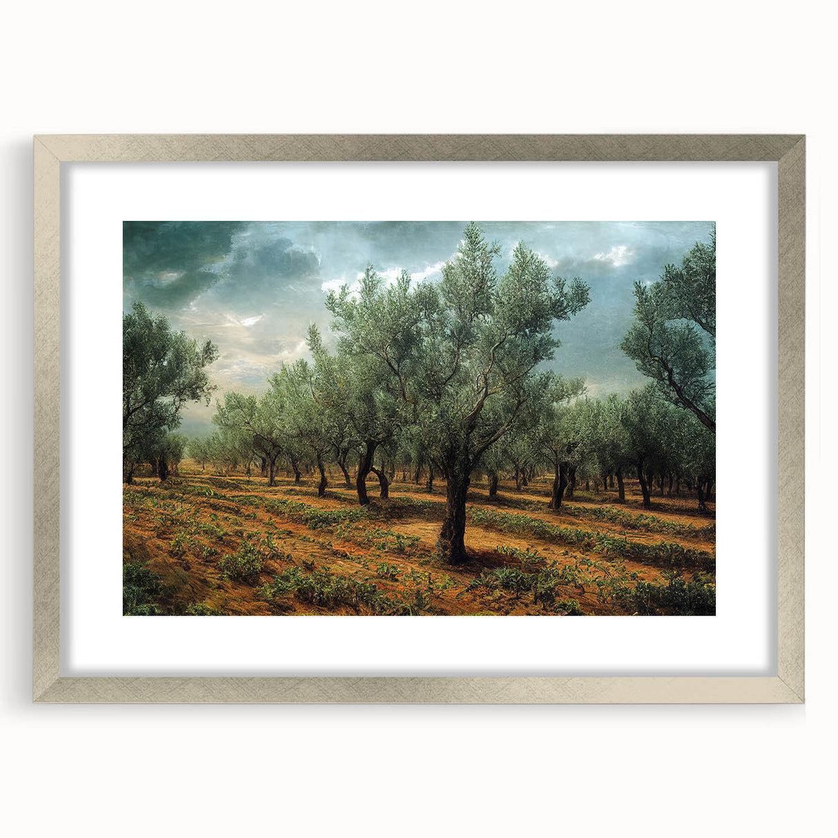 Extra large textured abstract art print of a European scenery in Albania, featuring muted earthy tones, framed in silver.