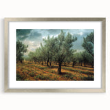 Extra large textured abstract art print of a European scenery in Albania, featuring muted earthy tones, framed in silver.