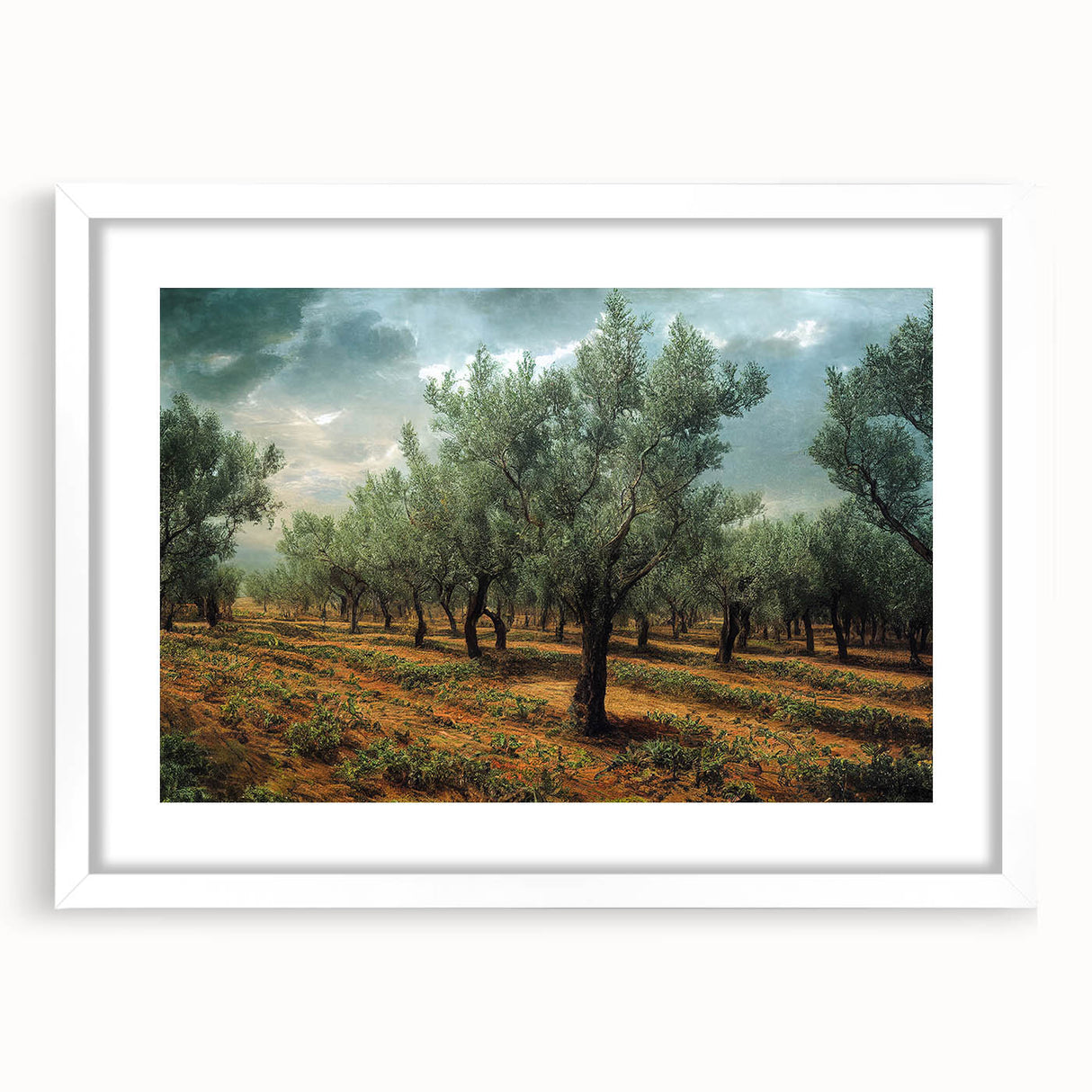 Textured abstract art print of a European scenery in muted earth tones, framed with a white mat, ideal for bedroom art.