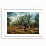 Textured abstract art print of a European scenery in muted earth tones, framed with a white mat, ideal for bedroom art.