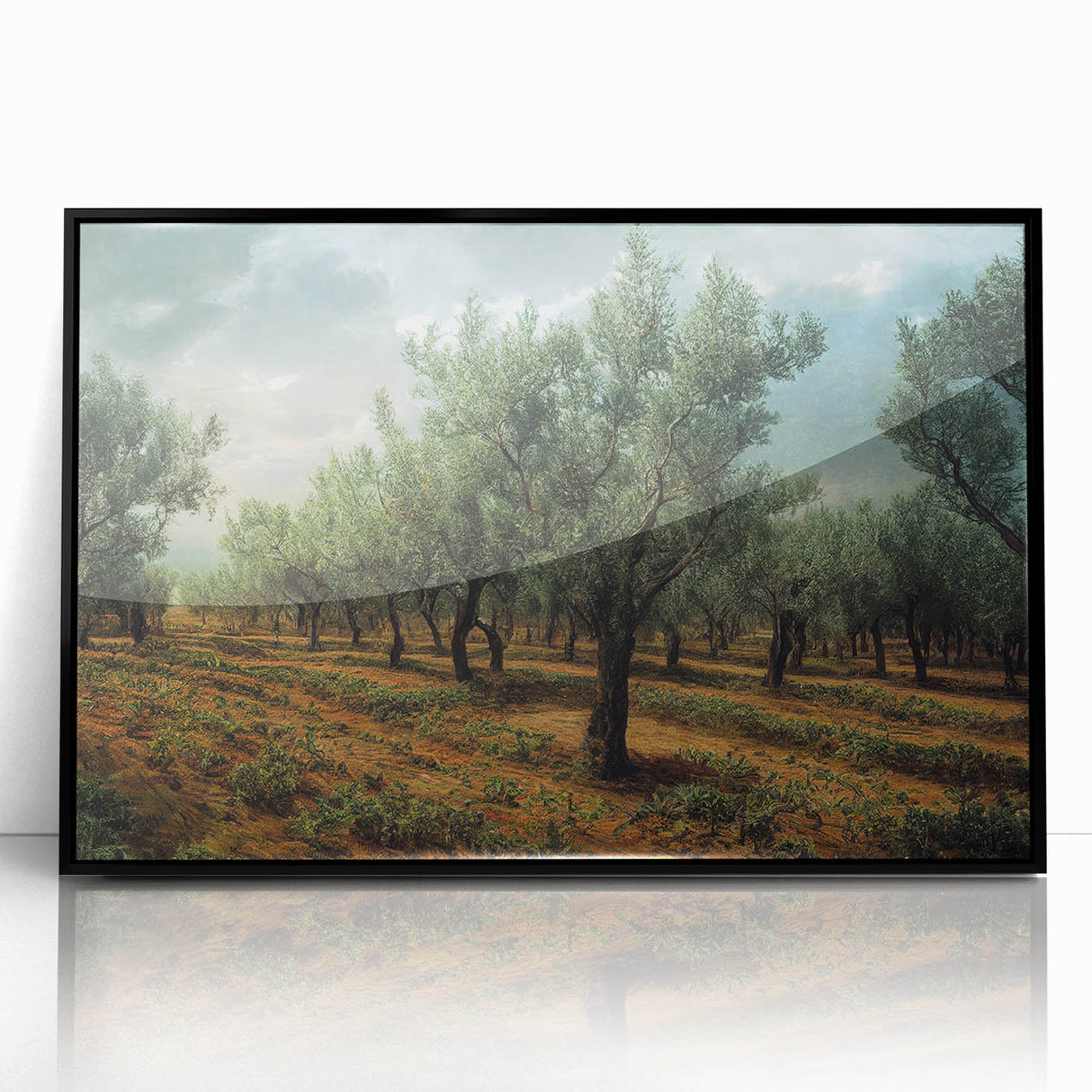 Large abstract wall art featuring a mid-century modernist style depiction of an Albanian landscape in muted earth tones.