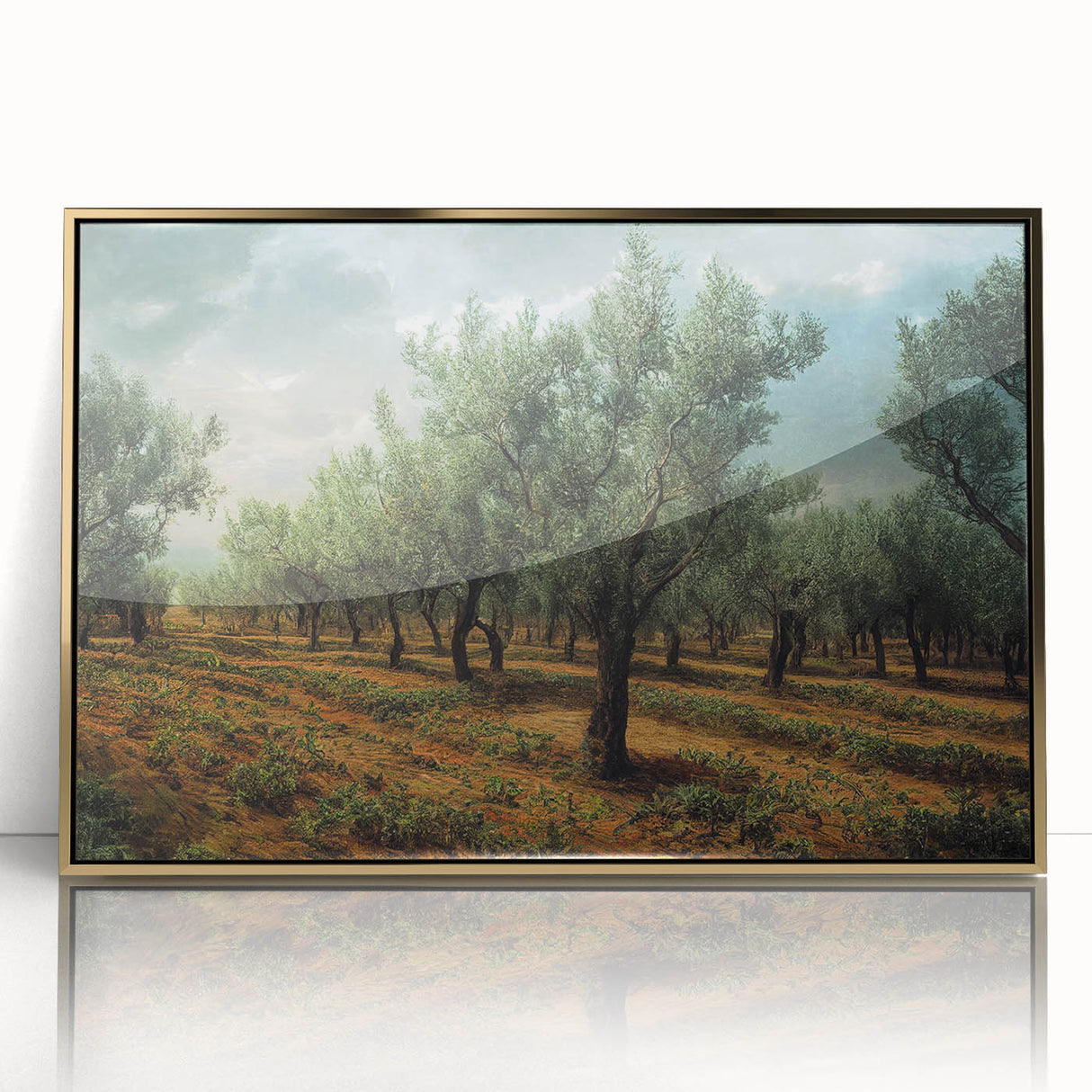 Art deco poster of Albanian scenery in gold frame, featuring vibrant colors, ideal for modern art wall decor in nurseries.