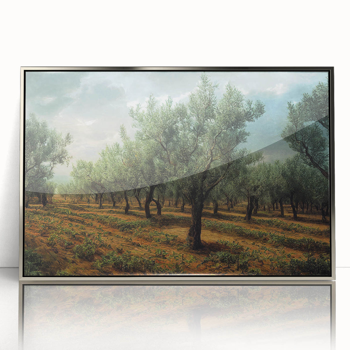 Large art print of an Albanian landscape in muted earth tones on a framed acrylic, ideal for modern art wall decor.