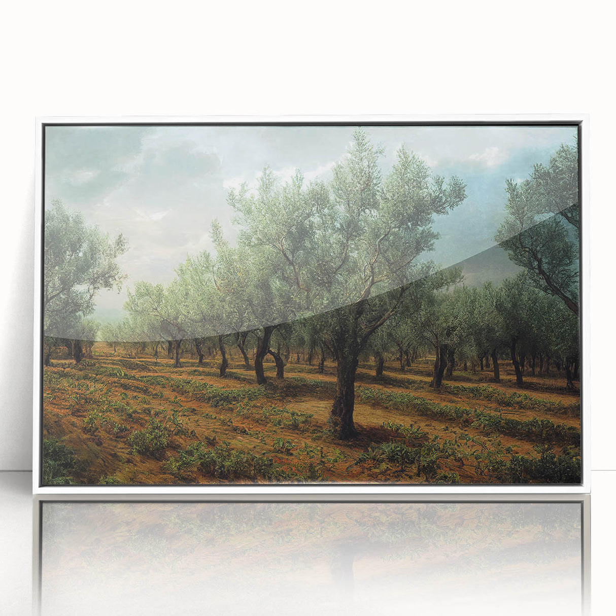 Mid-century modernist art depicting an abstract European scenery in pastel shades, framed acrylic.