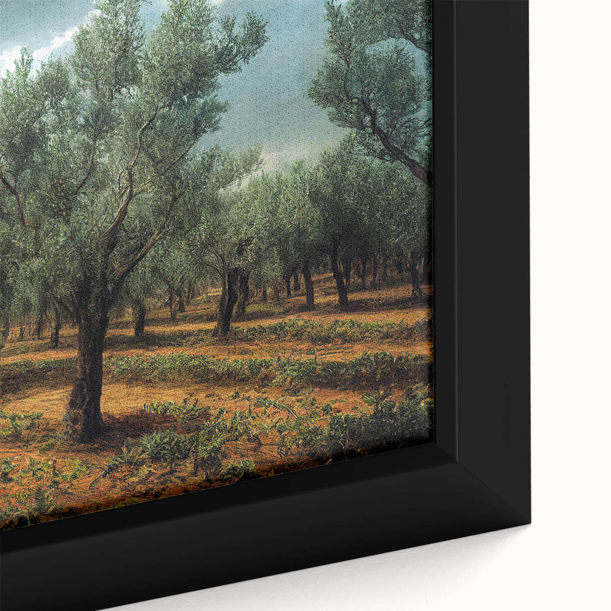 Black wall art featuring a textured, colorful European scenery on a framed canvas, ideal for living room decor.